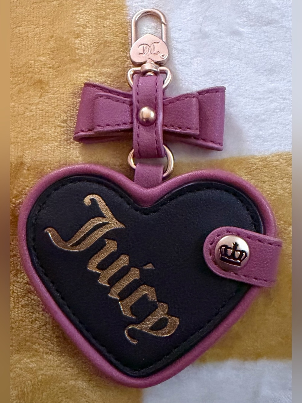 Juicy Couture Black Heart Key Charm with Pink Trim and Gold Logo
